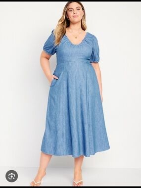Old Navy Chambray V-Neck Puff Sleeve Midi Cotton Dress in Light Blue Denim Sz XL